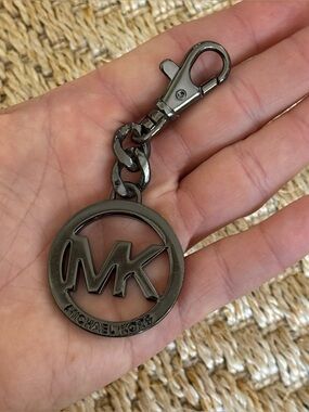 Michael Kors Gunmetal MK Logo Keychain Charm Purse Slate Metallic Black Clip